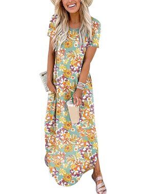 Women's Floral Yellow Summer Maxi Dress Short Sleeve Casual Split Beach T Shirt